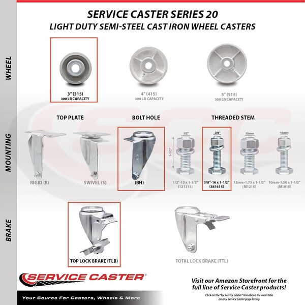 Service Caster Semi Steel Swivel TS Caster w/Roller Bearing - 3" Wheel & 3/8" Stem w/Brake SCC-TS20S315-SSR-TLB-381615 - main